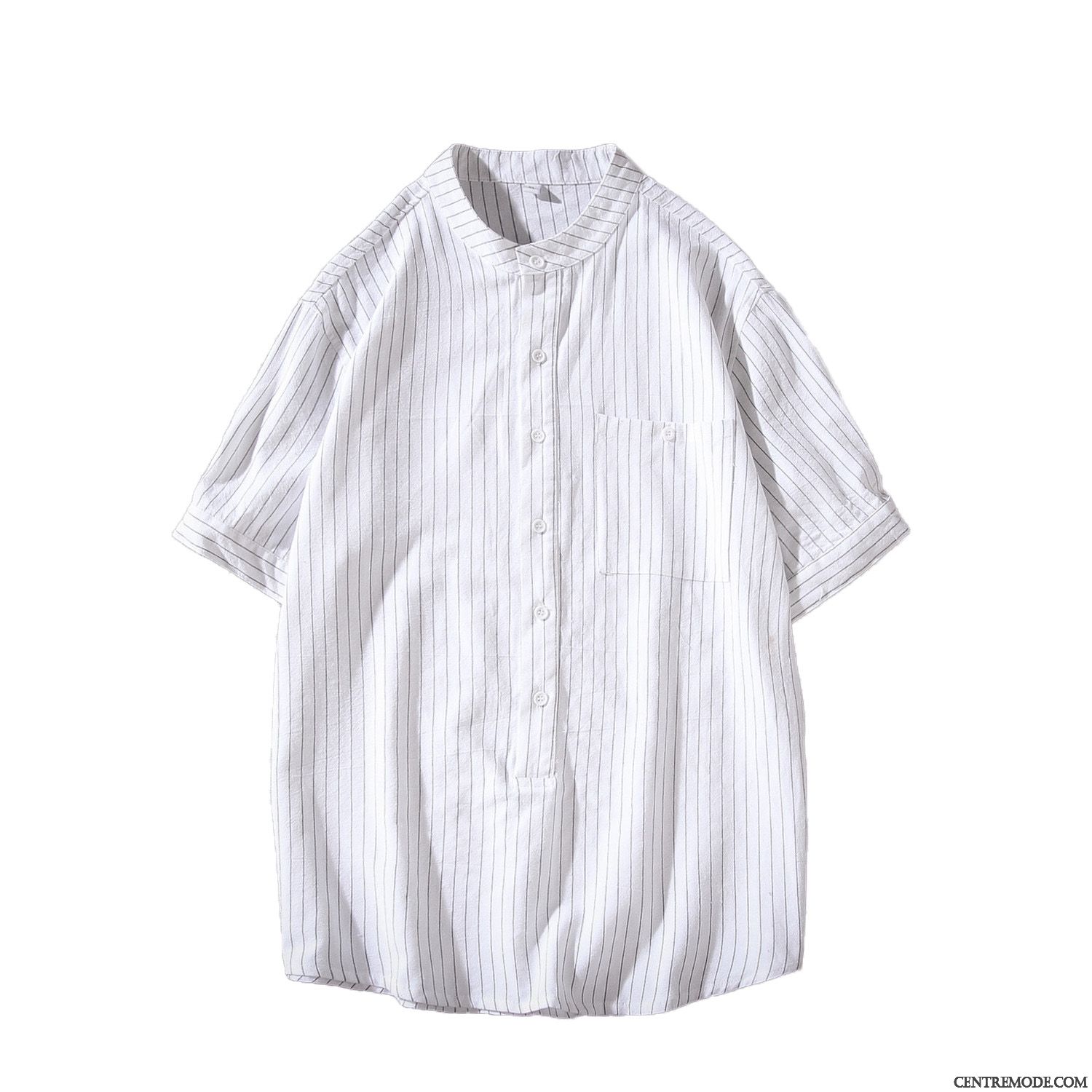 Chemises Homme Mode Baggy Col Mandarin Rayé Une Veste Grande Taille Blanc
