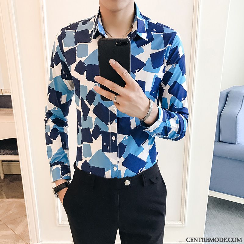 Chemises Homme Mode Revers Roulé Une Veste Décontractée Slim Marine Impression Bleu