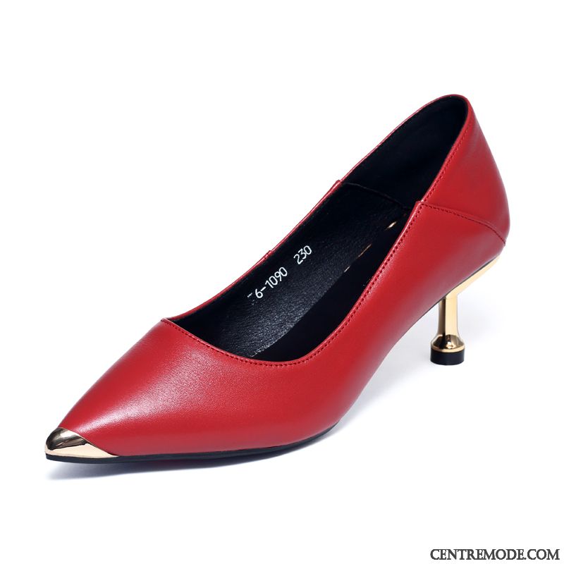Escarpins Femme Chaussures De Travail L'automne Derbies Minces Cuir Véritable Talon Moyen Noir Rouge