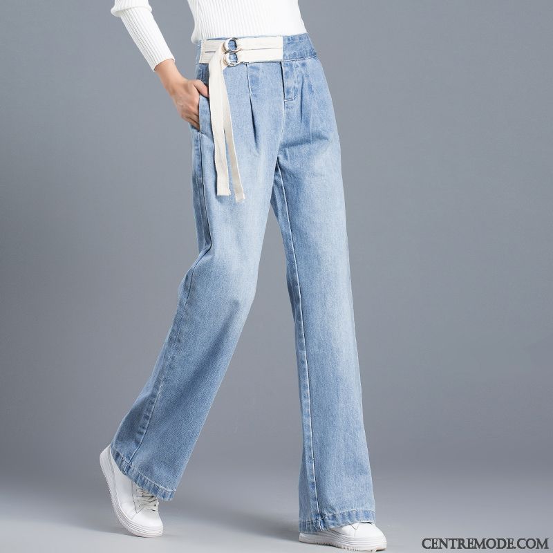 Jeans Femme Haute Cintrée Baggy Tendance Ceinture Pantalon Mince Bleu