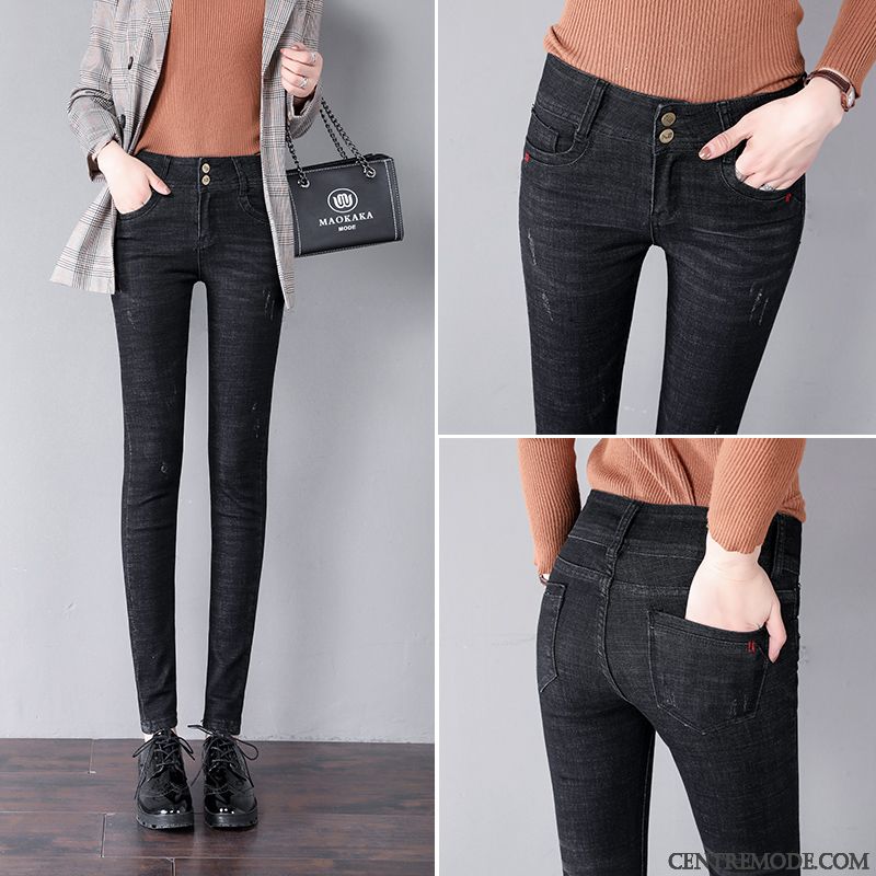 Jeans Femme Haute Cintrée Printemps Slim L'automne Mince Pantalon Noir