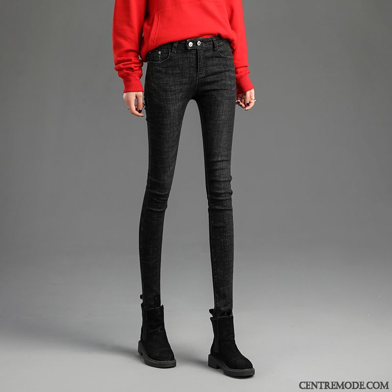 Jeans Femme Moulant Maigre Printemps Haute Cintrée Plus De Velours Mince Noir Rouge Gris