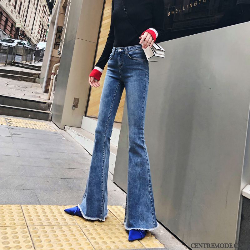 Jeans Femme Moulant Pantalon Haute Cintrée Mince Rétro Hiver Bleu