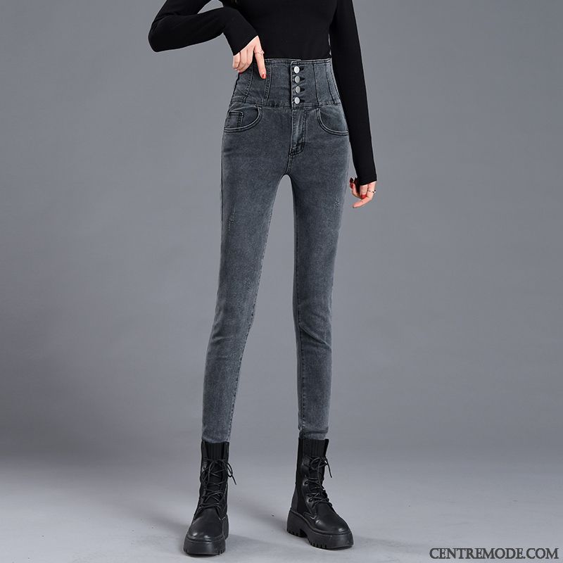 Jeans Femme Moulant Serrer Pantalon Printemps Mince Haute Cintrée Noir Gris