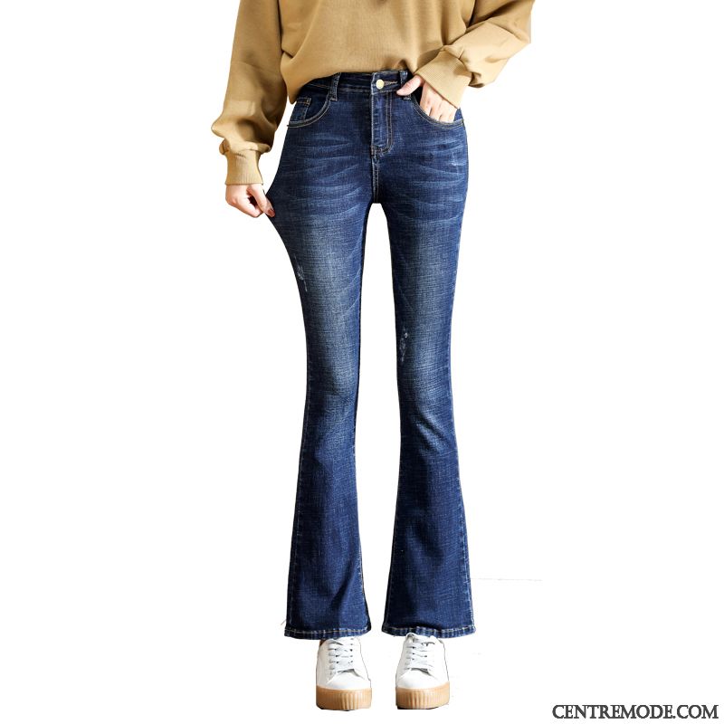 Jeans Femme Rétro Mince Légèrement Pantalon Printemps Évasé Bleu Marin