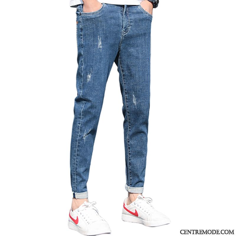 Jeans Homme Beau Pantalon Pantalons Printemps Tendance Slim Bleu Marin