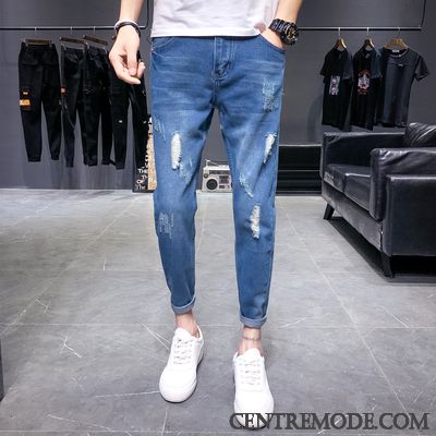 Jeans Homme Collants Maigre Tendance Troués Slim Bleu
