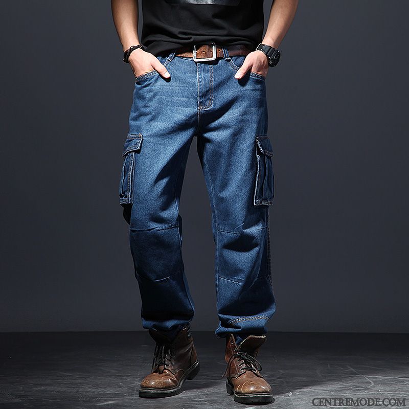 Jeans Homme Jambe Droite Baggy Multi-poche Gras De Plein Air Grande Taille Bleu