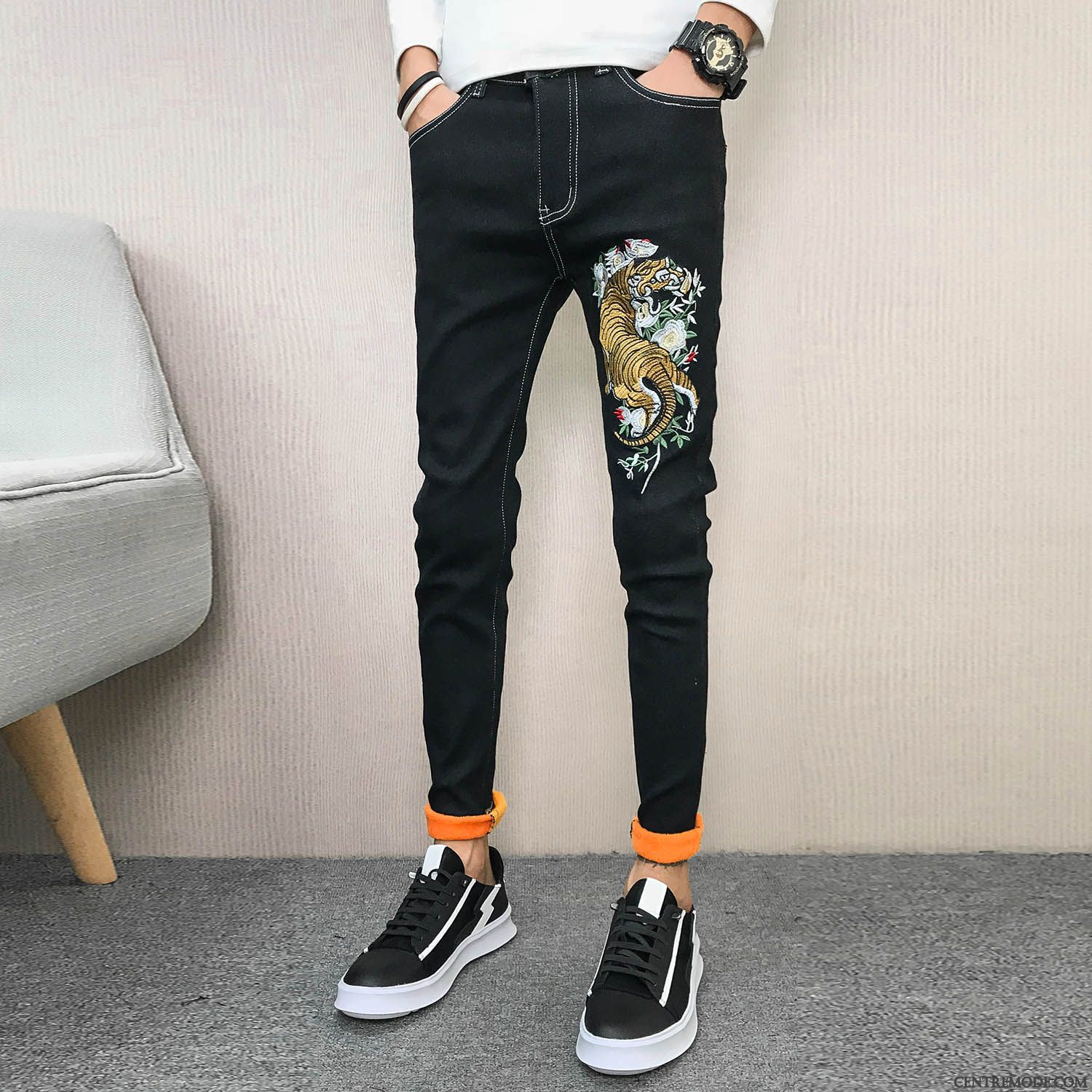 Jeans Homme L'automne Épaissir Slim Pantalons Plus De Velours Chauds Noir