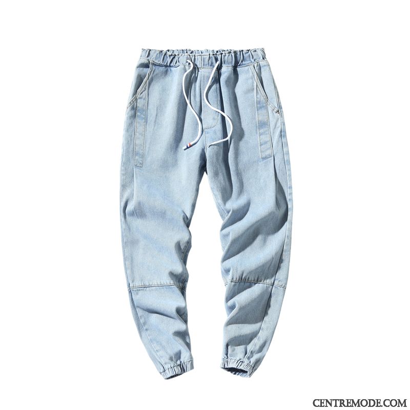 Jeans Homme Rétro Pantalon Slim Printemps Denim Serrés Bleu