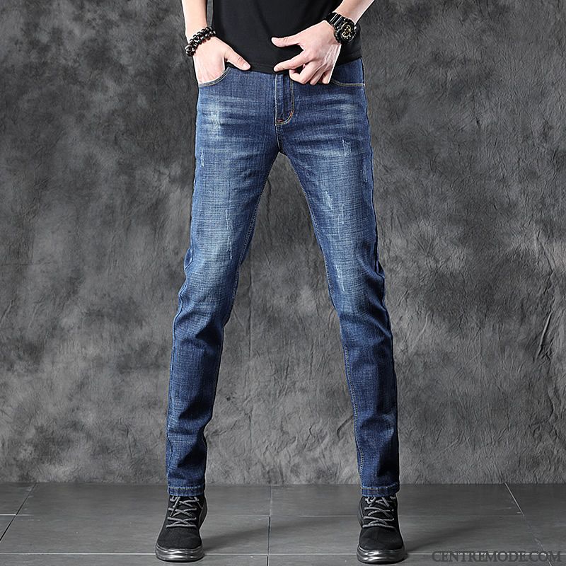 Jeans Homme Slim Pantalon Jeunesse Extensible Printemps Tendance Bleu