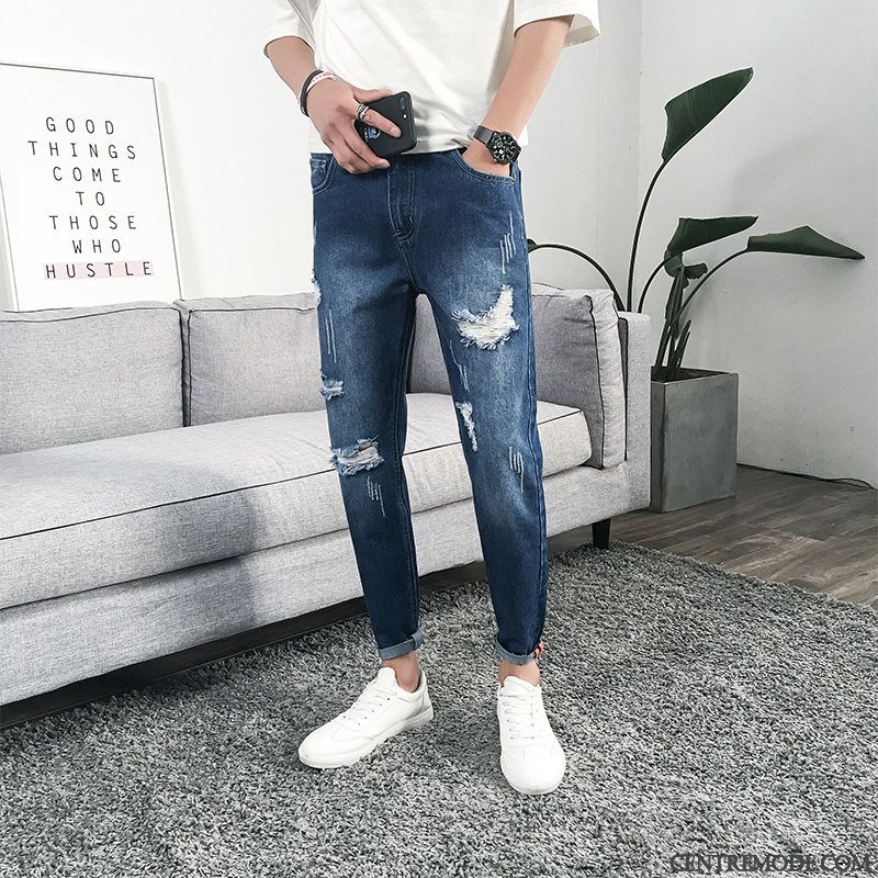 Jeans Homme Slim Troués Légère Extensible Été Pantalon Bleu