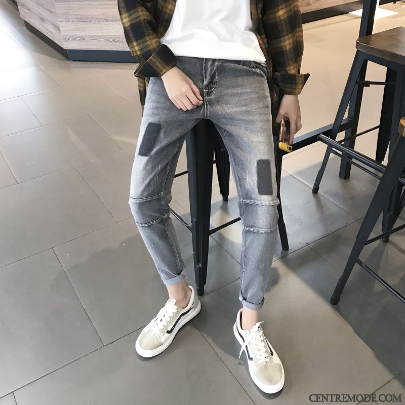 Jeans Homme Épaissir Pantalon Slim Tendance Plus De Velours Étudiant Gris