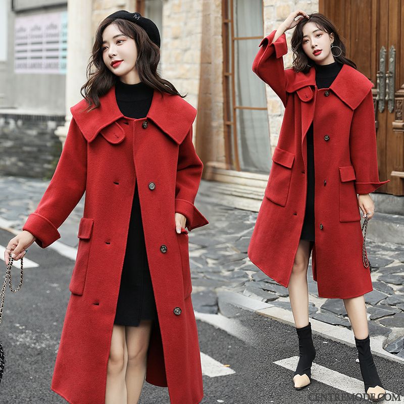Manteaux Femme Bouton À Une Rangée Hiver Manteau En Laine Mode Longue L'automne Pure Rouge