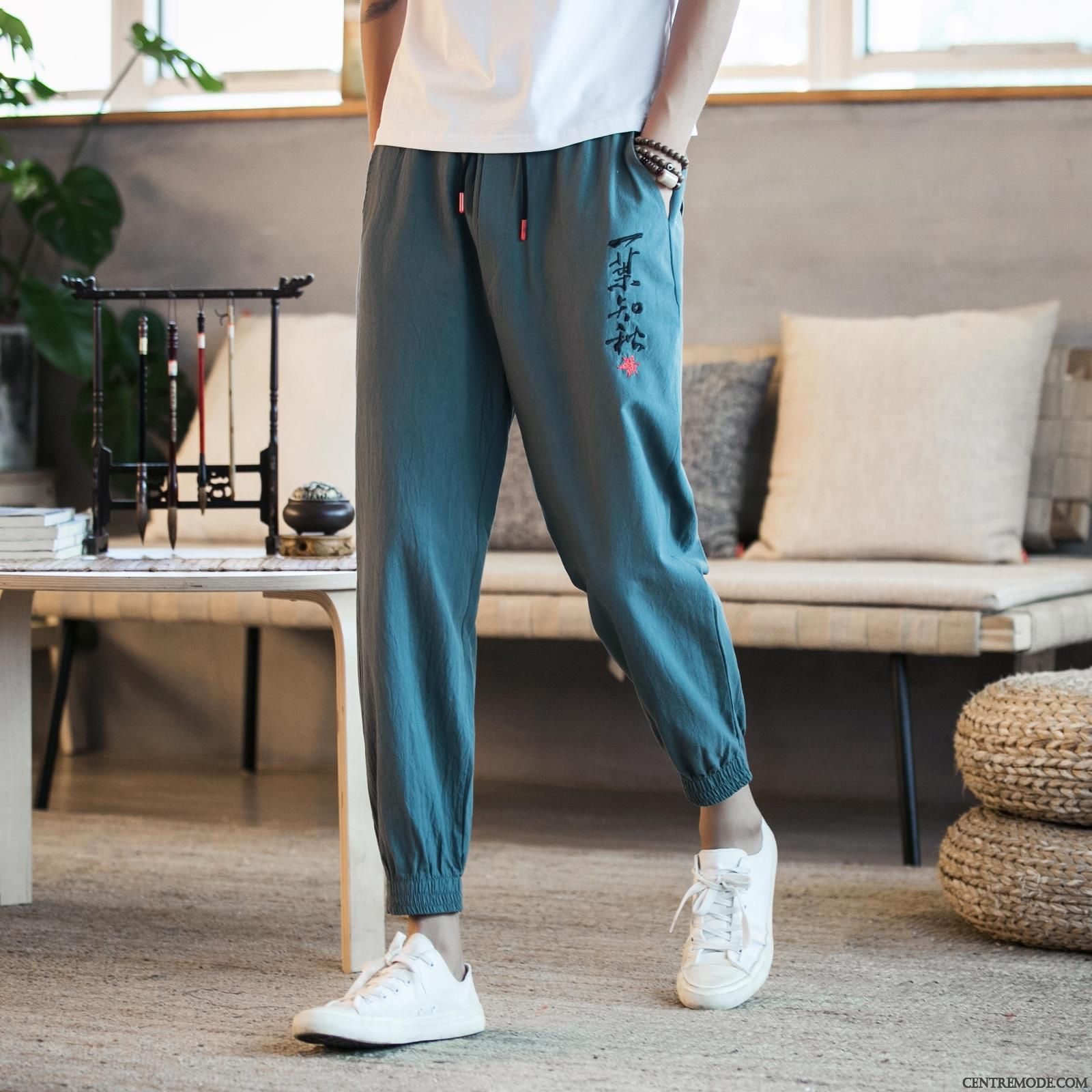 Pantalons Homme Brodé Maigre Grande Taille Style Chinois Tendance L'automne Vert