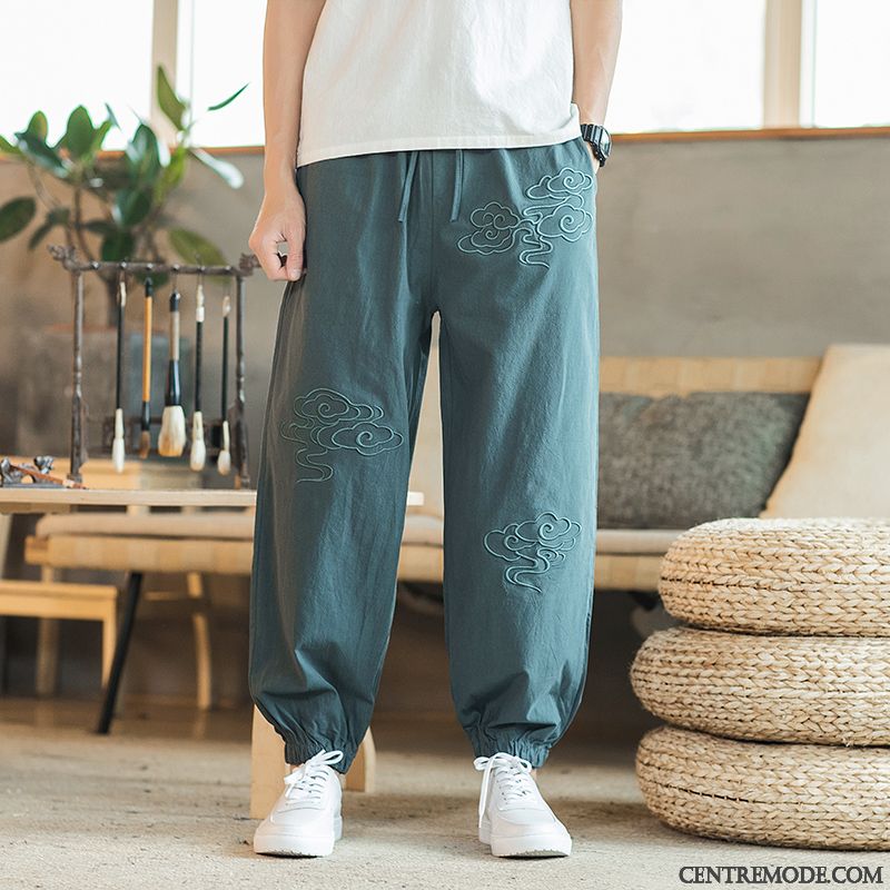 Pantalons Homme Serrés L'automne Style Chinois Grande Taille Maigre Décontractée Impression Bleu Gris