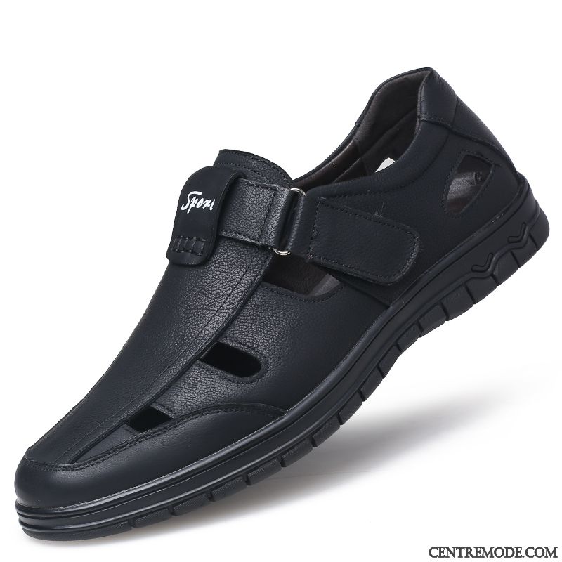 Sandales Homme Respirant Chaussures En Cuir Dessus Cuir Slip-on Décontractée Noir