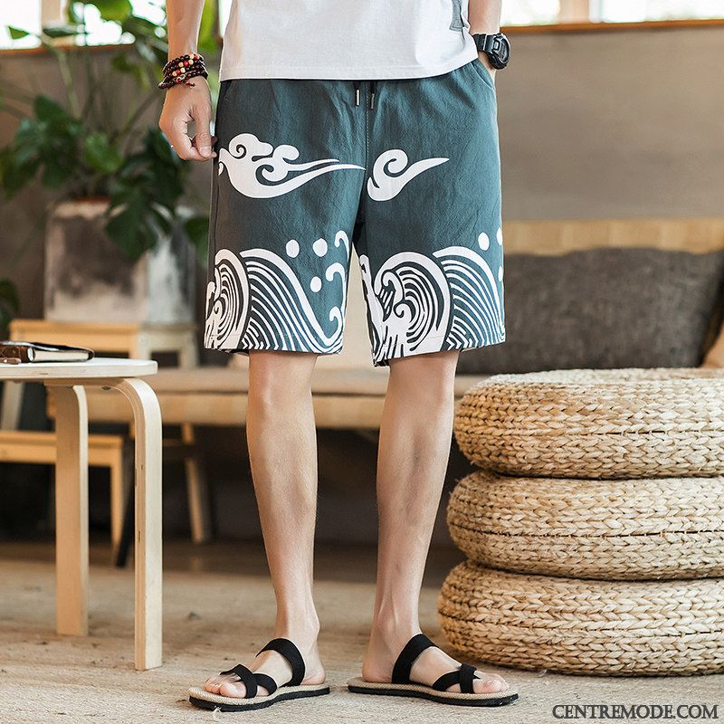 Shorts Homme Plage Style Chinois Jambe Droite Été Cinquième Pantalon Pantalons Impression Bleu