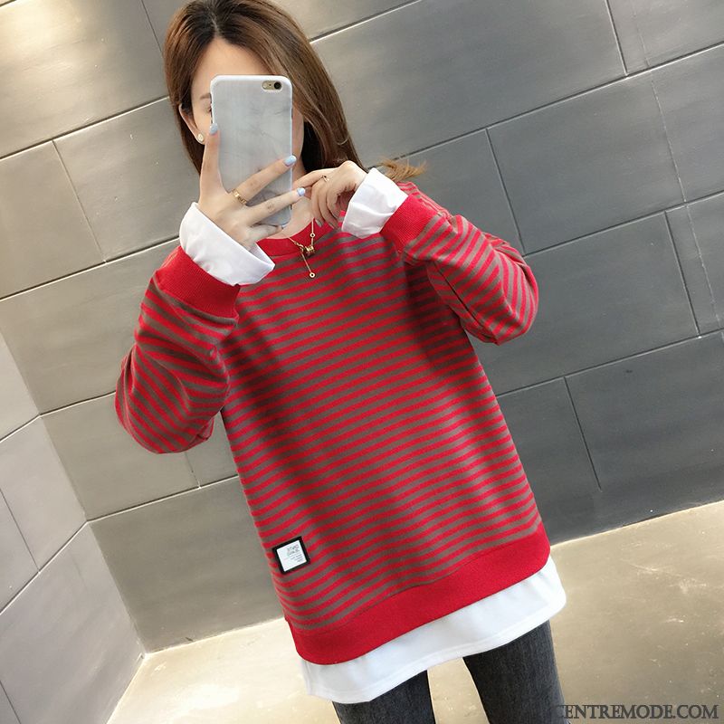 Sweat À Capuche Femme L'automne Tendance Hoodies Rayé Légère Deux-pièces Rouge