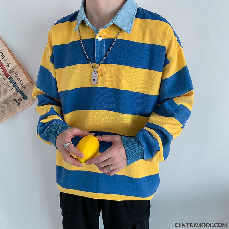 Sweat À Capuche Homme Une Veste Longues Marque De Tendance Rétro Rayé Beau Jaune