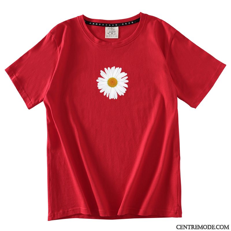 T-shirts Femme Courte Une Veste Rétro Demi Manche Baggy Petite Marguerite Rouge