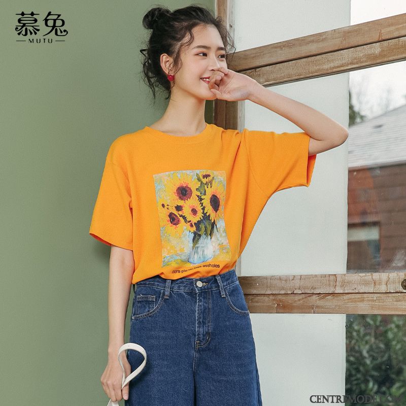 T-shirts Femme Printemps Chemise En Bas Lapin Courte Baggy Une Veste Impression Orange