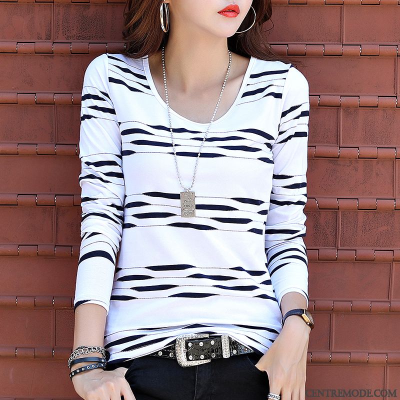 T-shirts Femme Slim Mince Simple Coton L'automne Longues Blanc