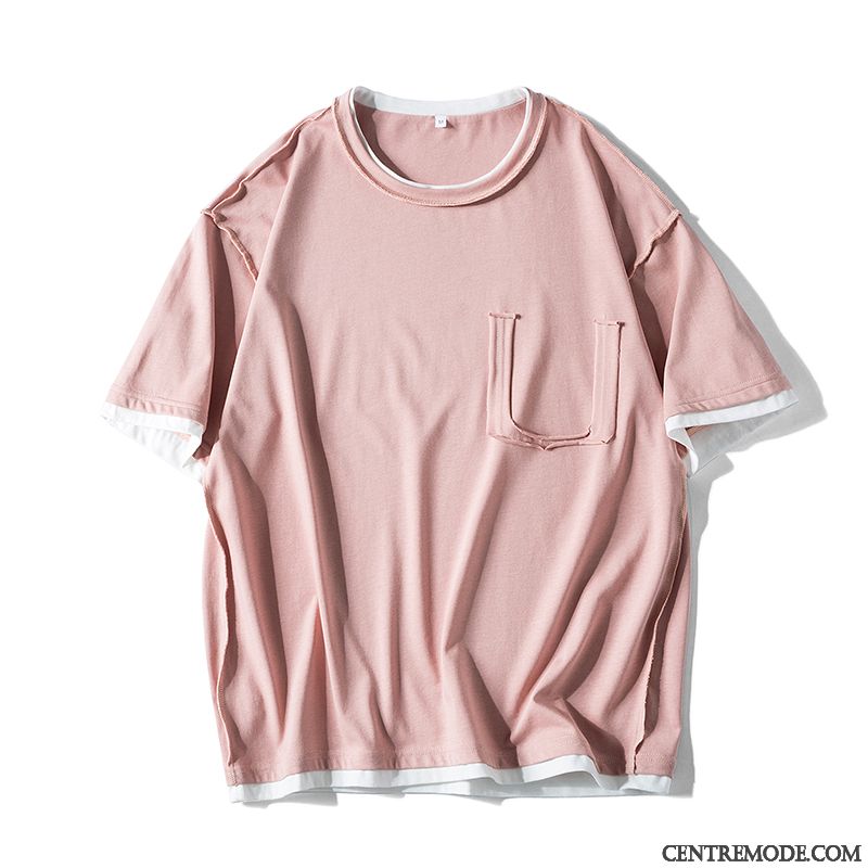T-shirts Homme Été Courte Une Veste Demi Manche Coton Bio Marque De Tendance Rose