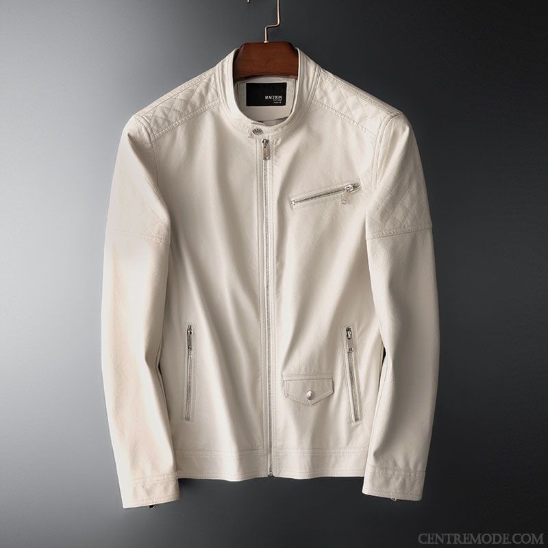 Vestes En Cuir Homme Jeunesse Décontractée Vêtements Moto L'automne Manteau Printemps Blanc