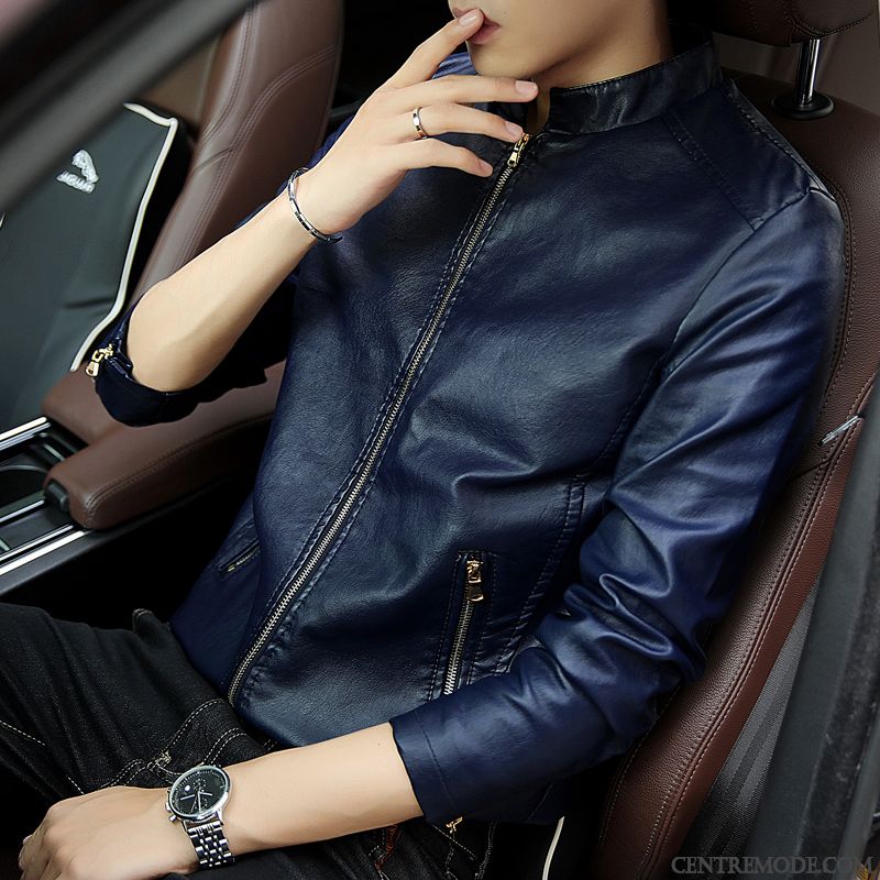 Blouson Homme Promo Pas Cher, Blouson Cuir Tendance Homme Bleu Ciel Gris