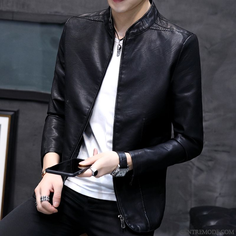 Blouson Style Motard Homme Poudre Bleue Kaki, Veste En Cuir Homme Pas Cher