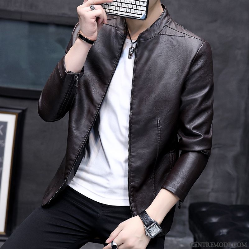 Blouson Style Motard Homme Poudre Bleue Kaki, Veste En Cuir Homme Pas Cher
