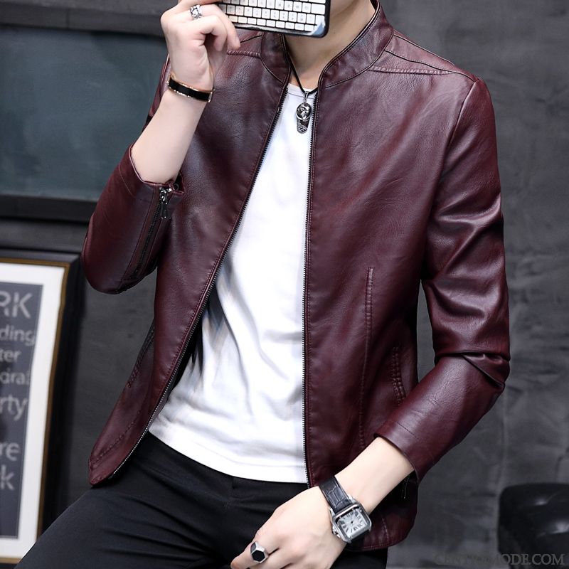 Blouson Style Motard Homme Poudre Bleue Kaki, Veste En Cuir Homme Pas Cher