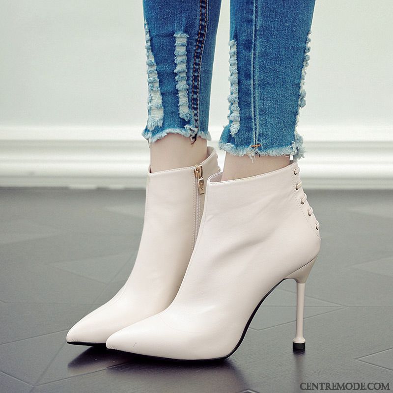 Bottes Femme Bottes Courtes Minces Escarpins Pointe Pointue Bottes Martin Angleterre Blanc Or