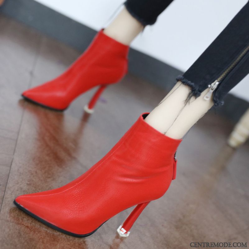 Bottes Femme Chaussures De Mariage Hiver Pointe Pointue Plus De Velours Minces Talons Hauts Rouge