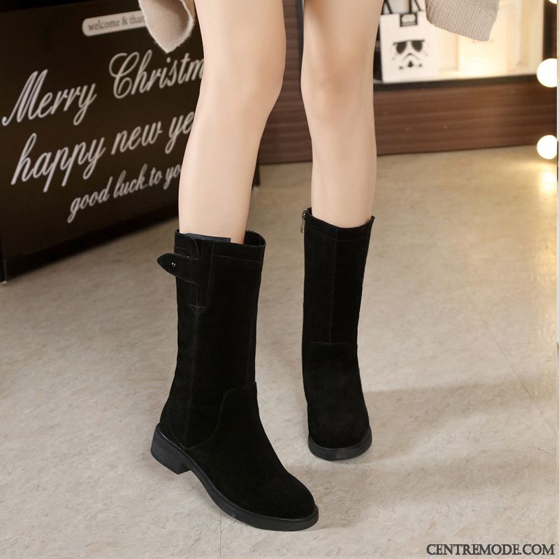 Bottes Femme Délavé En Daim Bottes De Neige Hiver Épais Bottes Chevalier Plates Noir Or