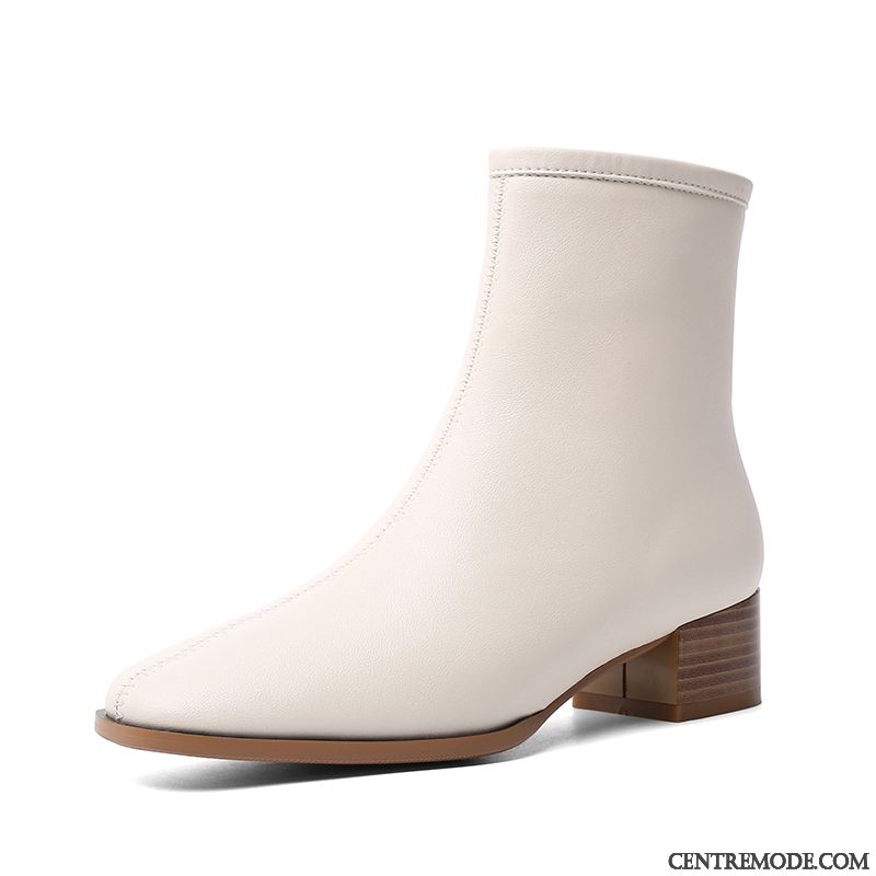 Bottes Femme Hiver Rétro Fermeture Éclair Mode Talon Moyen L'automne Blanc