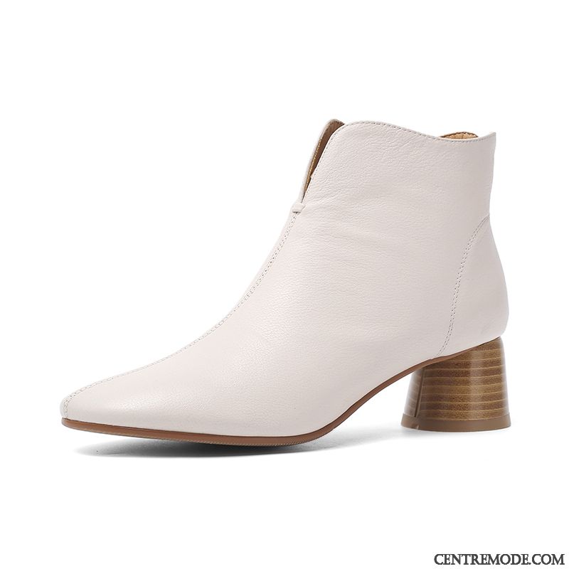 Bottes Femme L'automne Épais Bottes Courtes En Cuir Talon Moyen Rétro Blanc