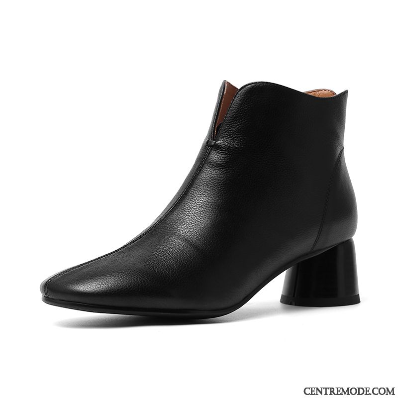 Bottes Femme L'automne Épais Bottes Courtes En Cuir Talon Moyen Rétro Blanc