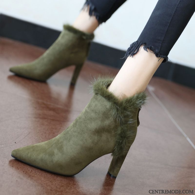 Bottes Femme Mode Tempérament Escarpins Hiver Bottes Courtes Plus De Velours Vert Foncé Blanc