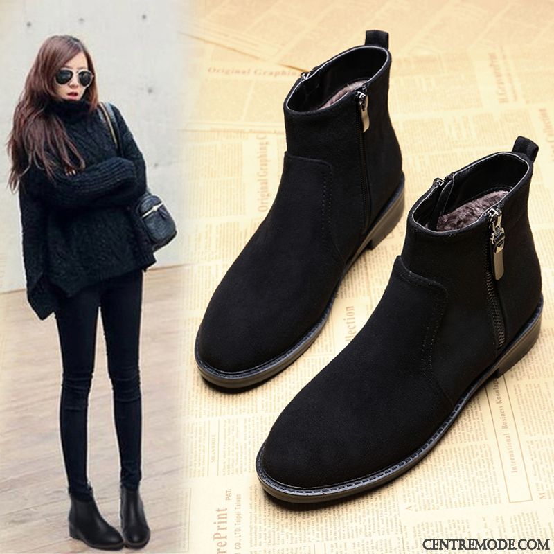 Bottes Femme Plates Bottes Martin Hiver Mode Grande Taille Plus De Velours Noir