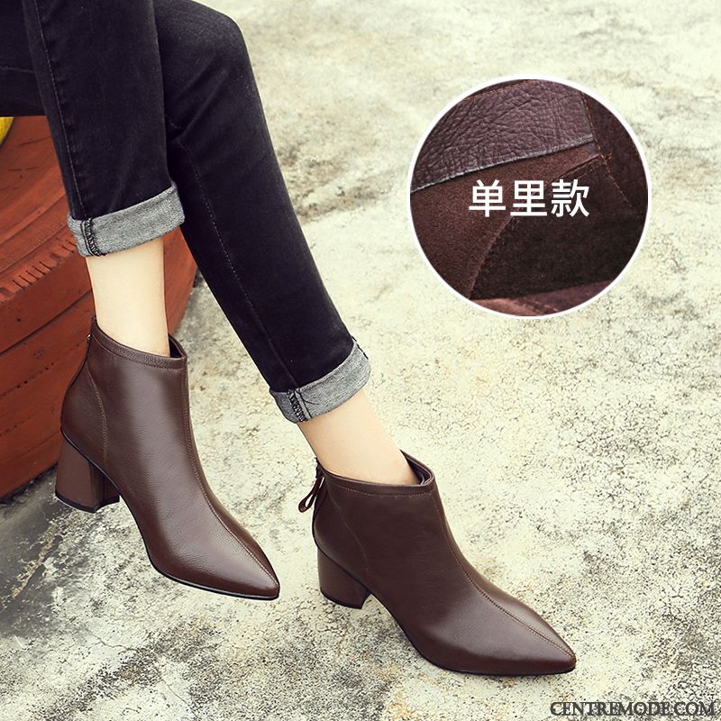 Bottes Femme Tous Les Assortis Bottes Courtes Talons Hauts Cuir Véritable Épais Pointe Pointue Marron