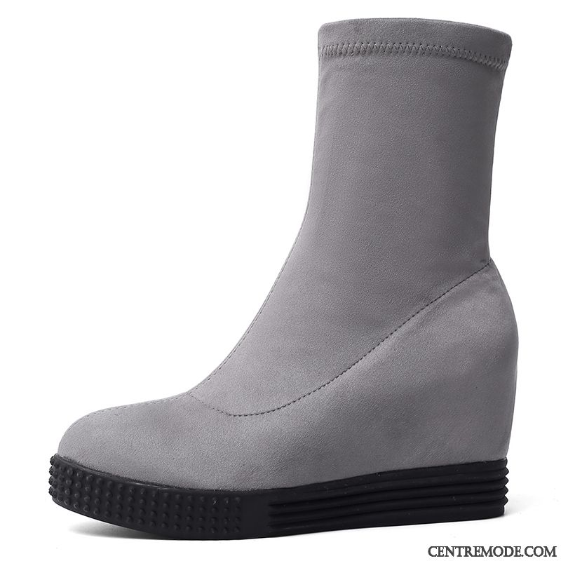 Bottes Femme Élasticité Délavé En Daim Mesh Bout Rond L'automne Hiver Rouge Gris