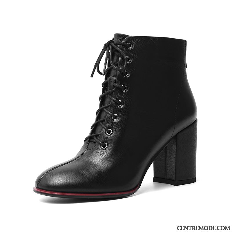 Bottes Femme Épais Talons Hauts Les Bretelles Bottes Martin Bottes Courtes Cuir Véritable Noir