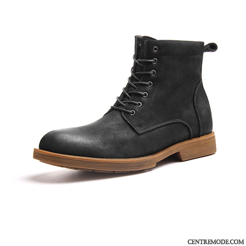 Bottes Homme Cuir Dessus Cuir Rétro Angleterre Bottes Martin Hautes Noir