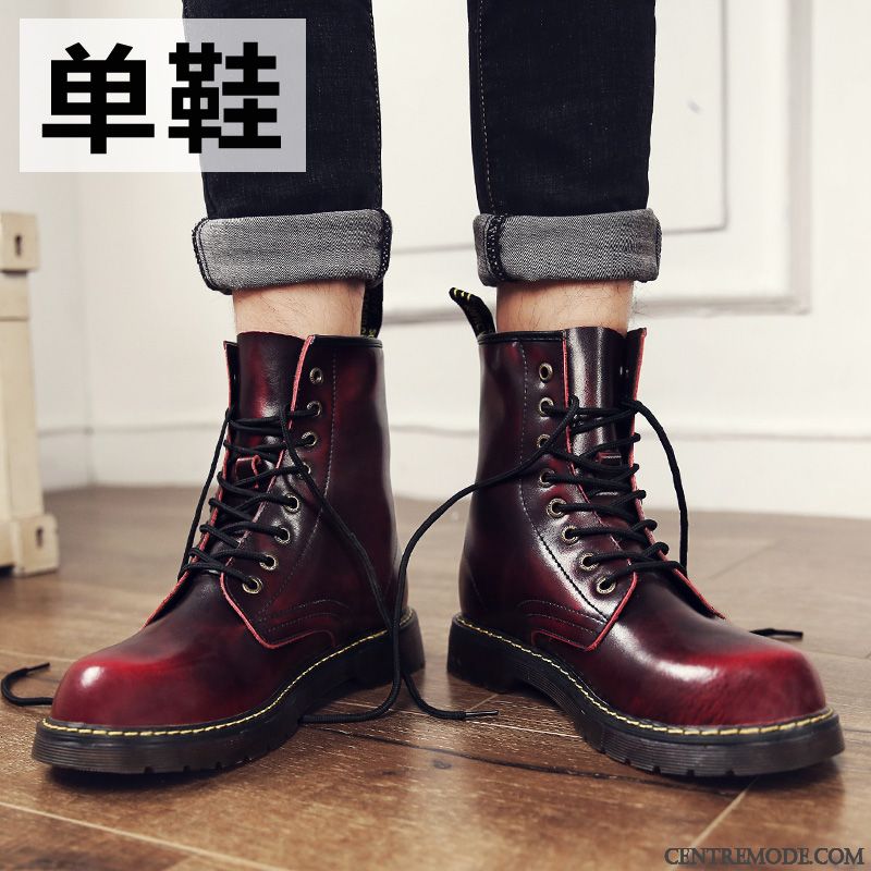 Bottes Homme Cuir Véritable Plus De Velours Angleterre Bottes Courtes Tous Les Assortis Tendance Rouge