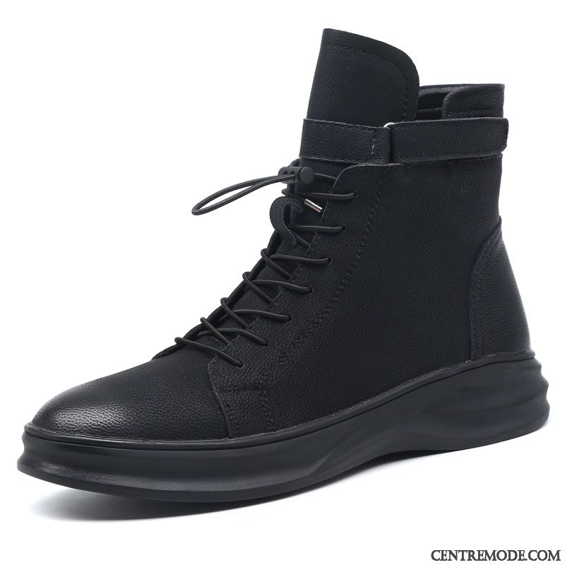 Bottes Homme Tendance Cuir Véritable Chaussures En Coton Plus De Velours Hautes Hiver Noir