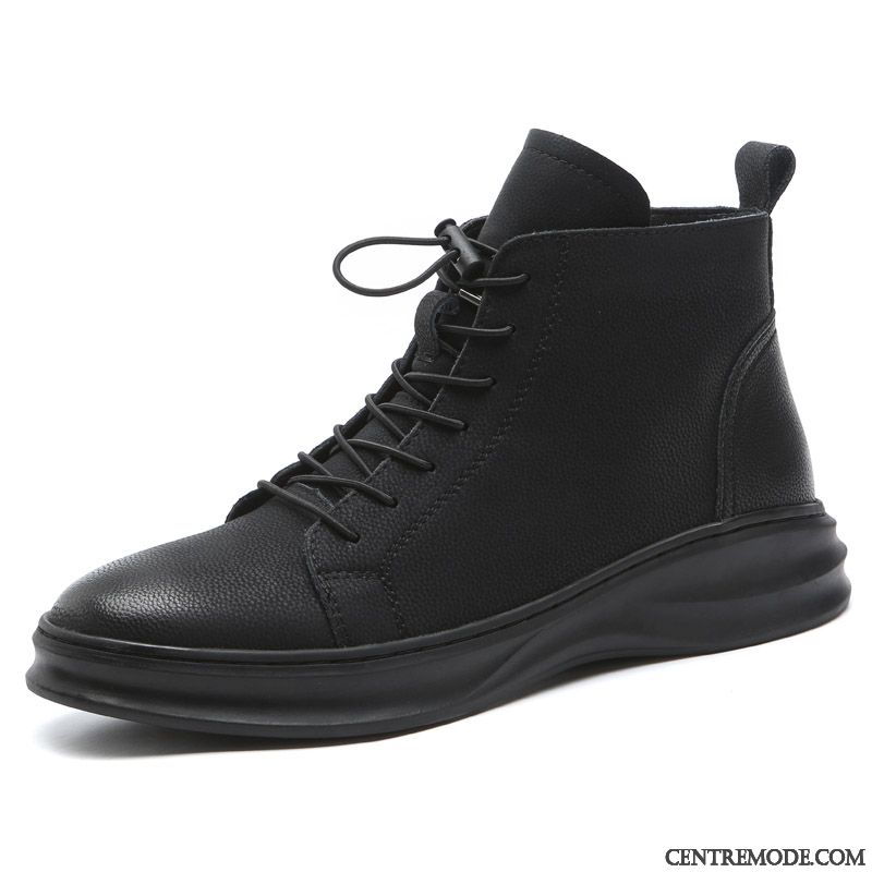 Bottes Homme Tendance Cuir Véritable Chaussures En Coton Plus De Velours Hautes Hiver Noir