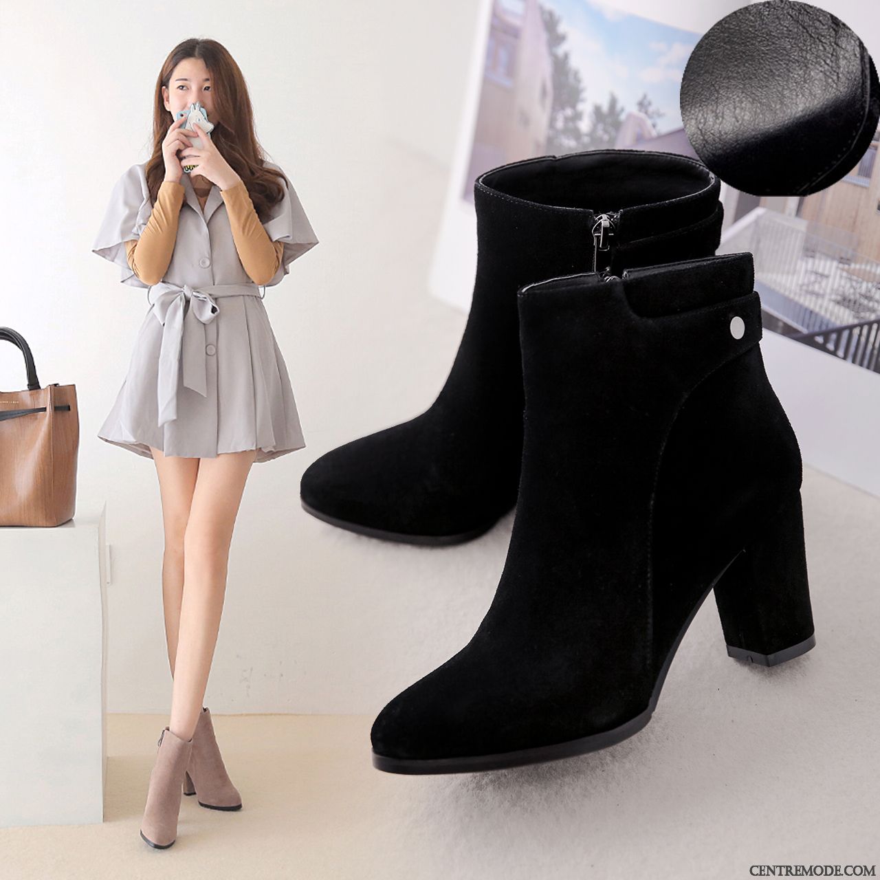 Bottines Femme Cuir Noir, Bottine Femme Cuir Noir Peachpuff Argent