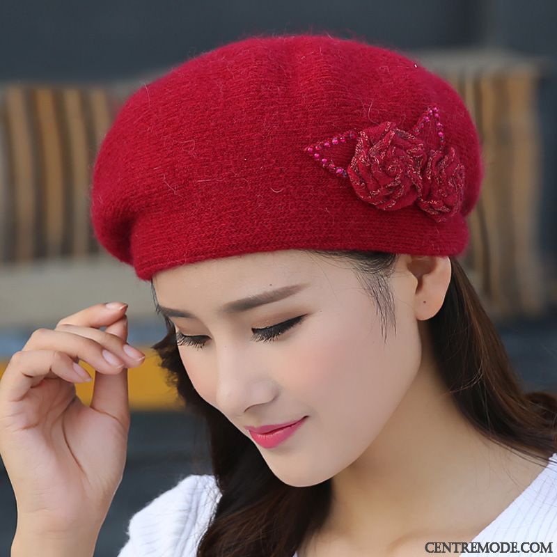 Casquette Femme Le Nouveau Charmant Tendance All-match Cheveux De Lapin L'automne Rouge